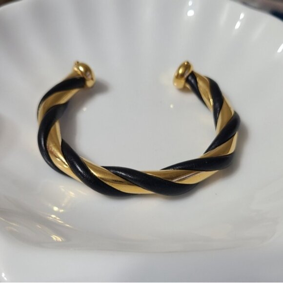 Vintage Luxury Hermes Torsade Gold Black Leather Twist Bangle Open Cuff Bracelet - Picture 2 of 10